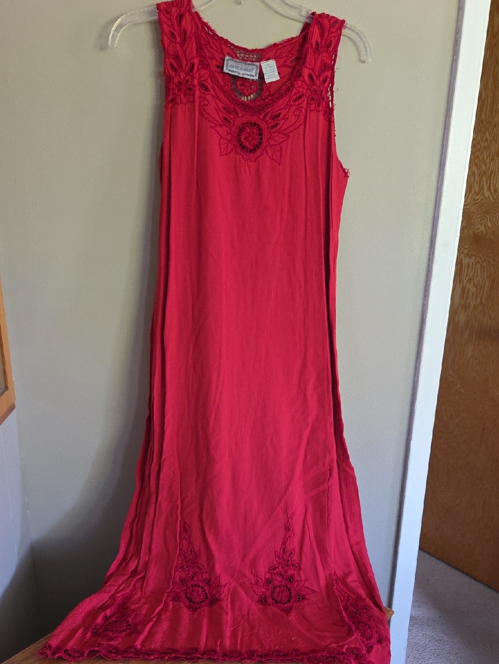 Vtg Jane Ashley Red Sleeveless Maxi Dress with Crochet Yoke